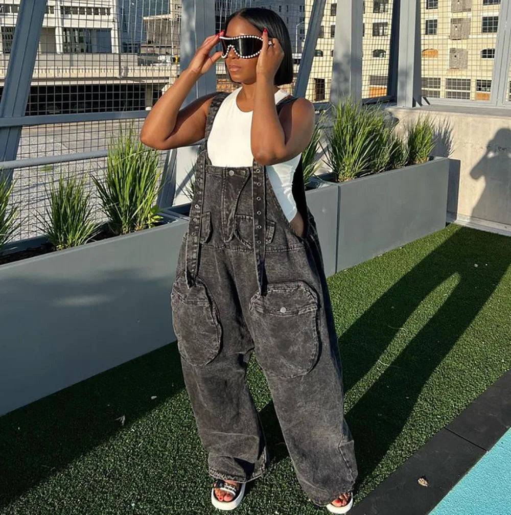 Women's Western Cross-Border Denim Pants - INS Style Edgy Streetwear Big-Pocket Wide-Leg Loose Suspender