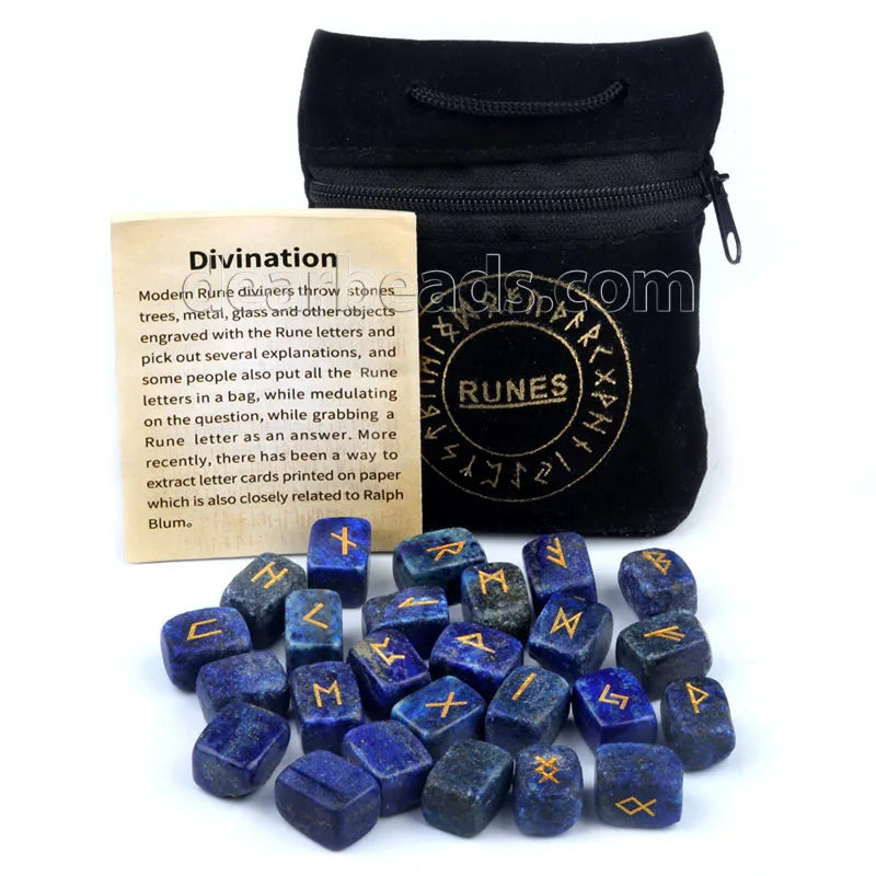 Divination and Meditation 26-Piece Runes Stone Set Healing Natural Crystal Gemstones with Engraved Rune Includes Packaging