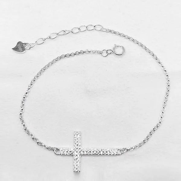 Low MOQ 10pcs Wholesale 925 Sterling Silver Princess Cut Zircon Classic Side Cross Bracelet for Gift & Party