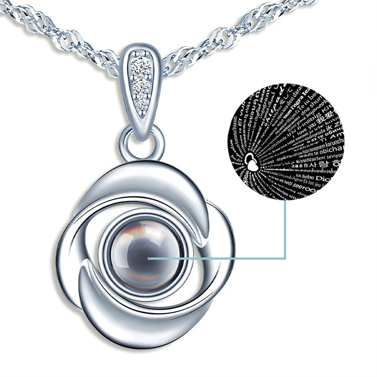 Hollow Loop Necklace 925 Sterling Silver Zircon I Love You 100 Languages Projection Necklace