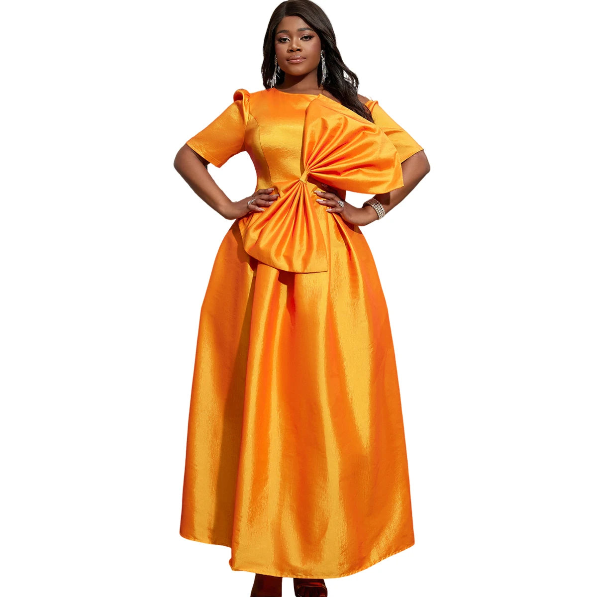 AM040129 Short Sleeves Slash Collar a Line Ball Gown Large Bow Women Prom Dress
