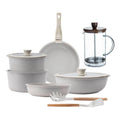 10-Piece Beige Cookware Set with Removable Handles 3 Frying Pans 2 Saucepans Lids and Utensils + Borosilicate Glass Coffee