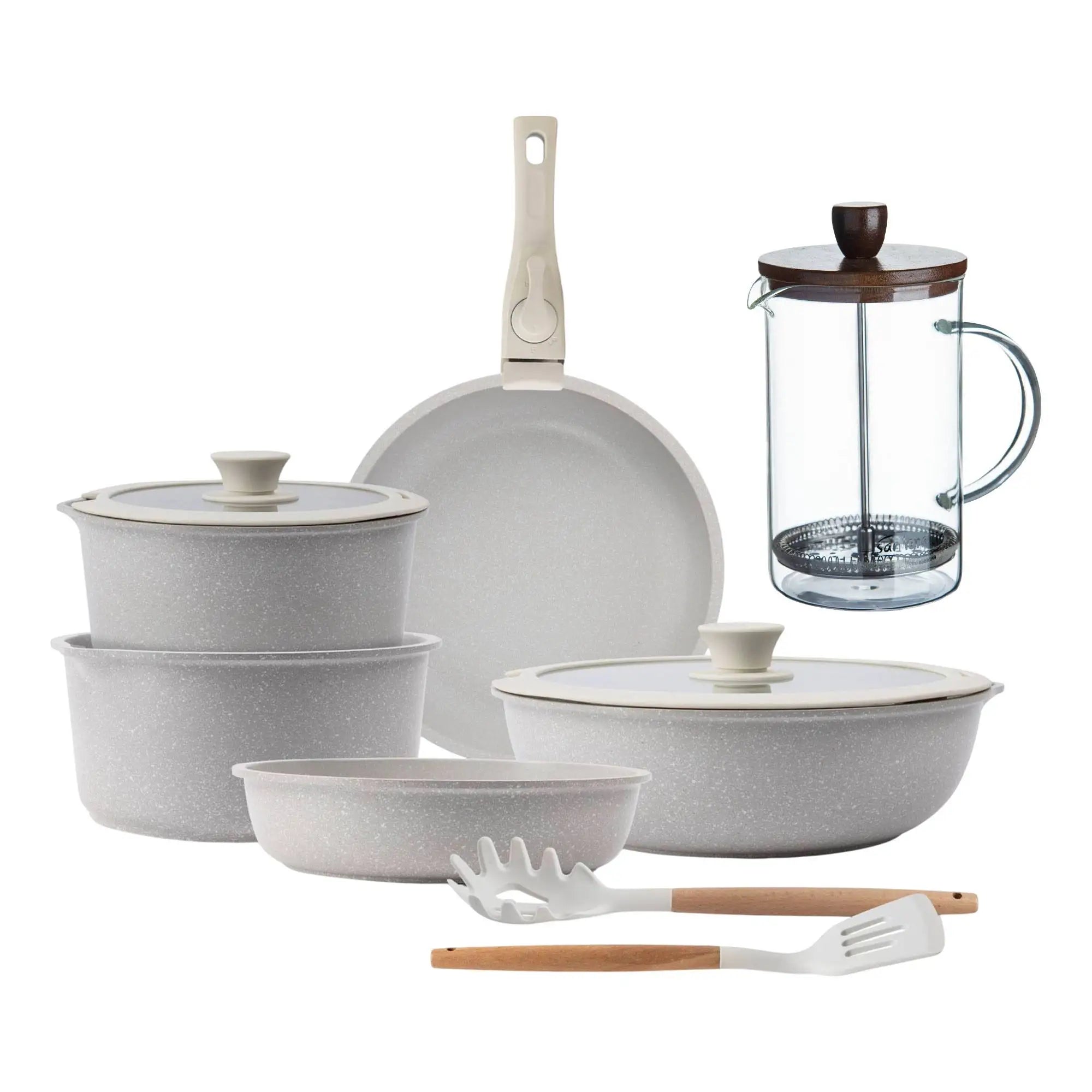 10-Piece Beige Cookware Set with Removable Handles 3 Frying Pans 2 Saucepans Lids and Utensils + Borosilicate Glass Coffee