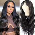 CLJhair 100% Brazilian Remy Human Hair V-Part Wig with Adjustable Stretch Straps Natural Black Minimal Leave Out Bodywave