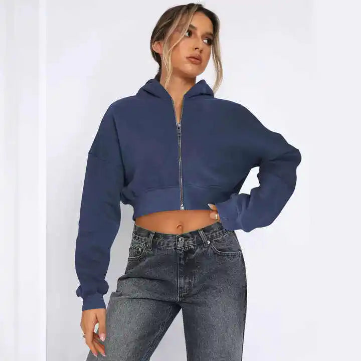 Custom Logo Women Cropped Pullover Hoodies Women Solid Color Long Sleeve Crop Top Hoodie