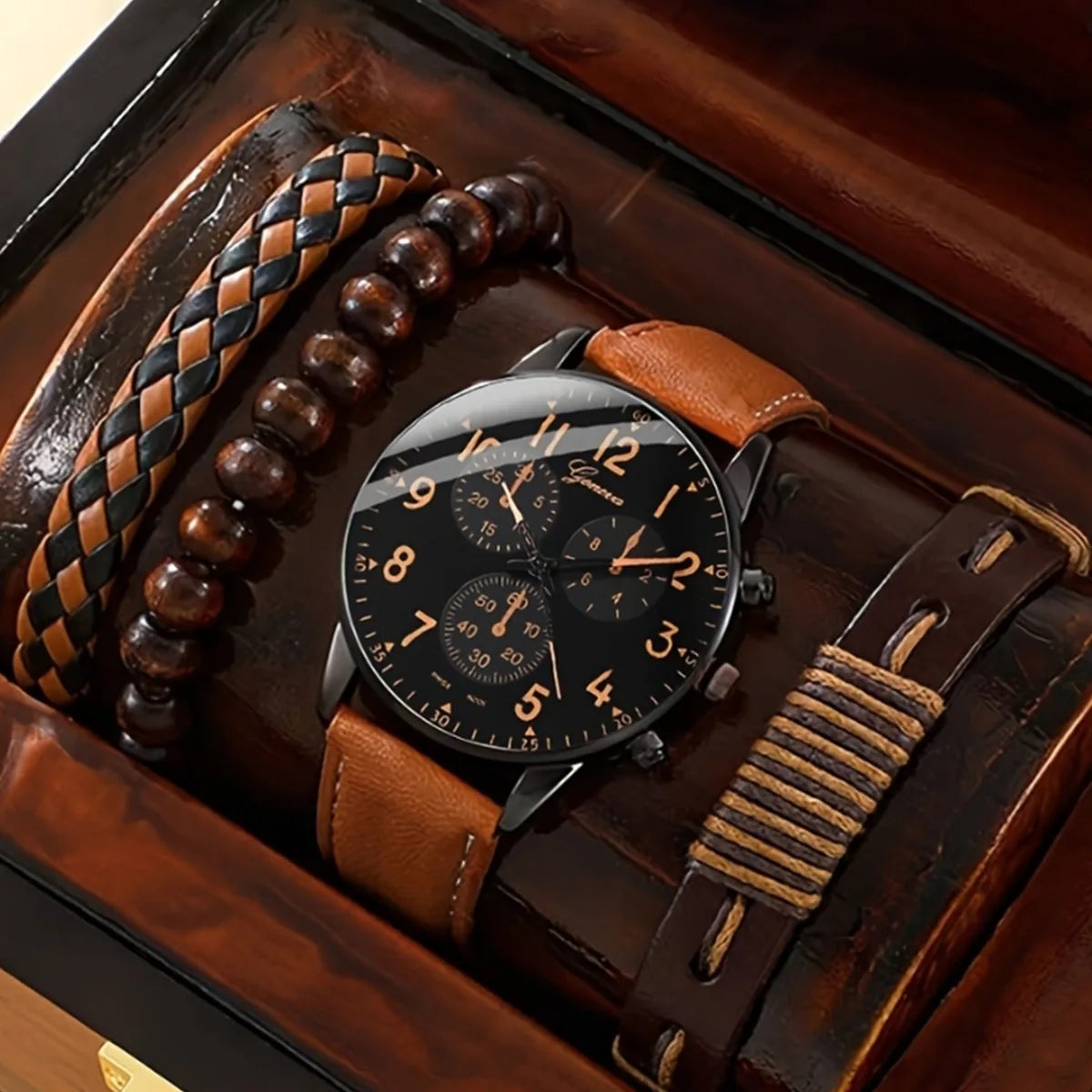Fenyi Wholesale Hot Sale Decorative Three-eye Casual Business Fashion Trend Belt Alloy Men Quartz Watch Braided Bracelet4pcs/set