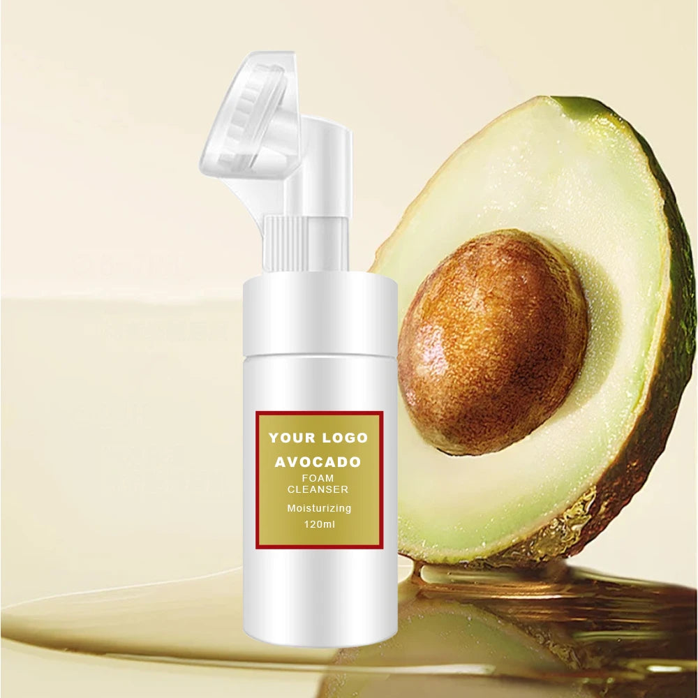 OEM 120ml Avocado Facial Cleanser Foam Exfoliating Cleansing Mousse Pore Moisture Skin Care Washing Mousse Cleanser with Brush