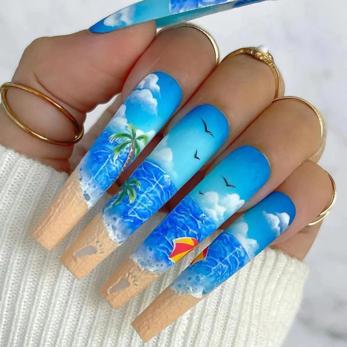Temooi Beautiful Beach Printing Long Ballerina False Nails Press on Wholesale 24Pcs ABS Finger Nails With Nail Glue