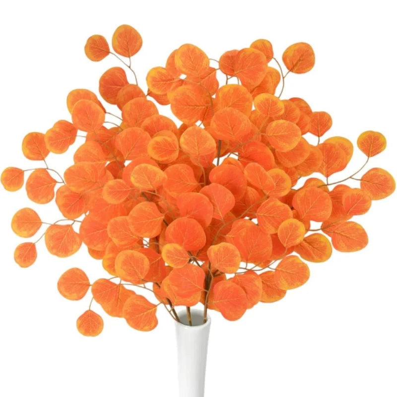 Artificial Eucalyptus Stems Orange Silver Dollar Leaves Stems Fall Decoration for Home Wedding Vase Autumn Thanksgiving Decor