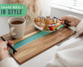 Acacia Wood Serving Tray with Handles Blue Resin Food Serving Plate Rectangular Multifunctional Acacia Breakfast Tray