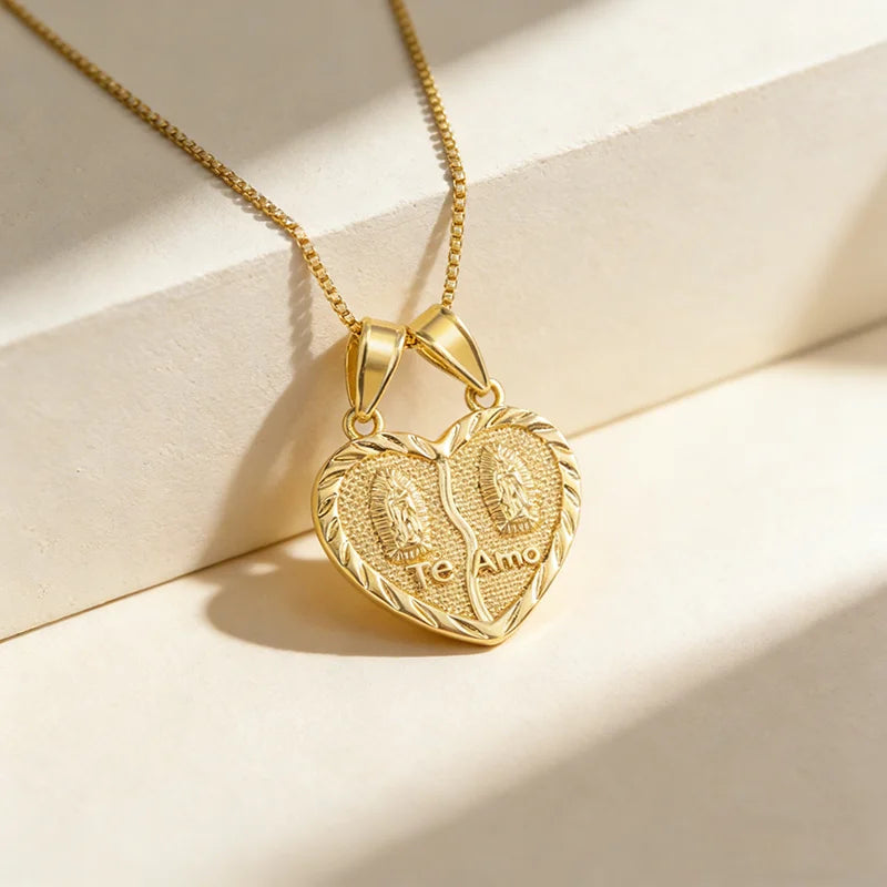QIKU Catholicism Our Lady of Guadalupe Letter Te Amo Pendant Women Necklace Gold Color Copper Jewelry Religious Accessories Gift