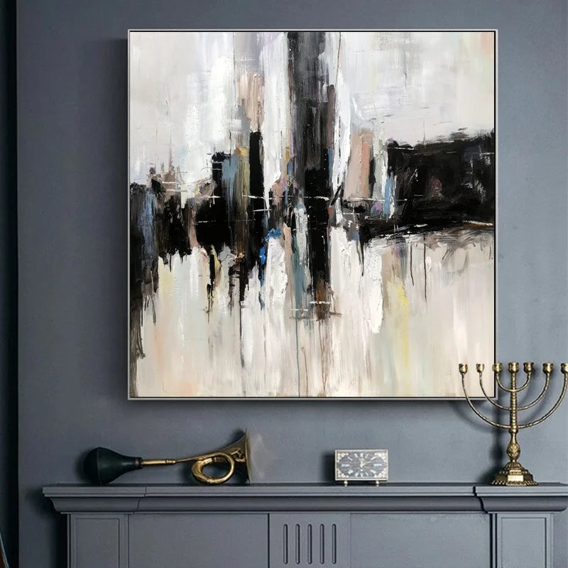 Hand Painted Abstract Style Black and White Abstract Other Oil on Canvas for Home Living Room Decor