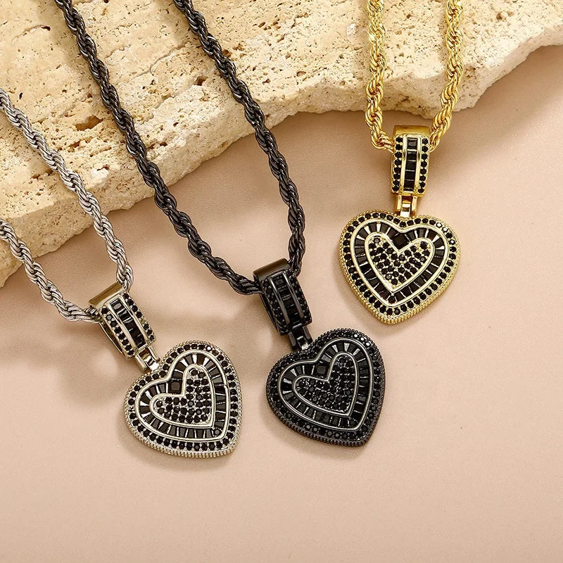 New Bling Iced Baguette CZ Heart Charm Necklace Gold Plated Hip Hop Trendy Lab Diamond Love Pendant Gift for Women and Men