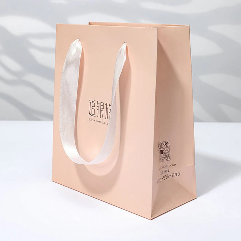 Custom Logo Naked Pink Paper Boutique Paper Bag Gift Bag With White Handle Ribbon for Cosmetic
