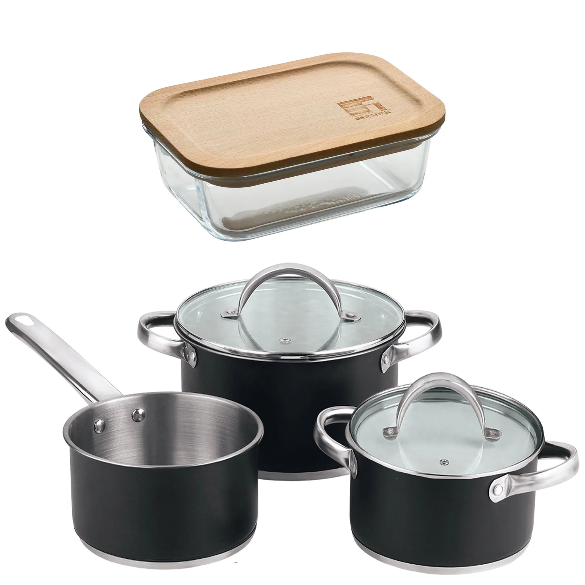 5-piece cookware set (2 saucepans with lids + saucepan) stainless steel with coating + Bergner NATURALLY 650ml airtight
