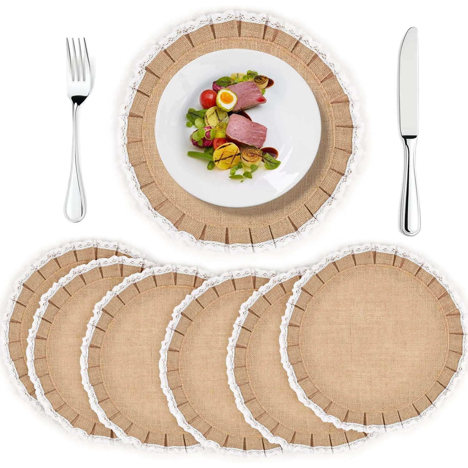 2024 Handmade Round Table Placemats Vintage Mats for Parties 100% Jute Ruffled Lace Farmhouse Table Mats