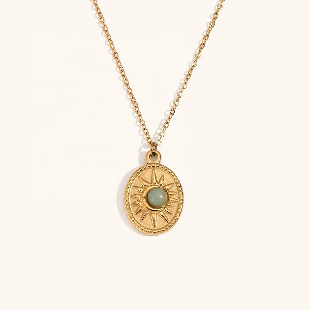 Dingran Fashion Design Stainless Steel Gold Plated Necklaces for Women Trendy Natural Stone Oval Pendant Jewelry