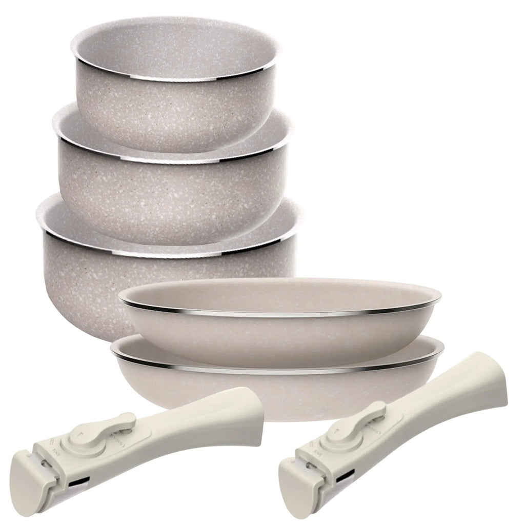 5-piece set: 2 frying pans 24/28cm and 3 saucepans 16/18/20cm in pressed aluminum with ILAG coating with 2 removable handles