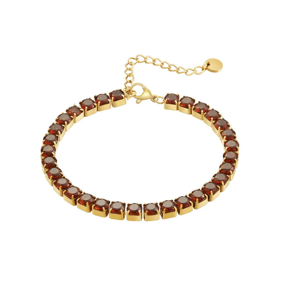 Fashion 18K Gold Plated Stainless Steel Jewelry Link Chain Charm Brown Zircon Tennis Bracelet for Women Gifts Bracelet B242447