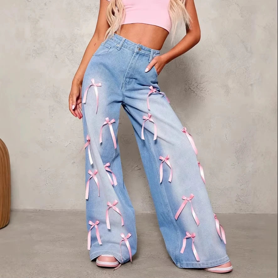 2025 Spring/Summer Women's Bowknot High-waisted Wide-leg Jeans  Street-style Vintage  Loose-fitting Versatile Jeans