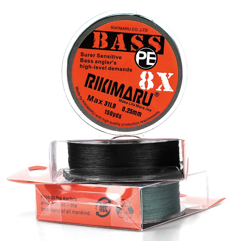 RIKIMARU 8X Bass Super Smooth 8 Strands Braid Pe Premium Fishing Line High Wear Resistant and Waterproof Angling String for Bass