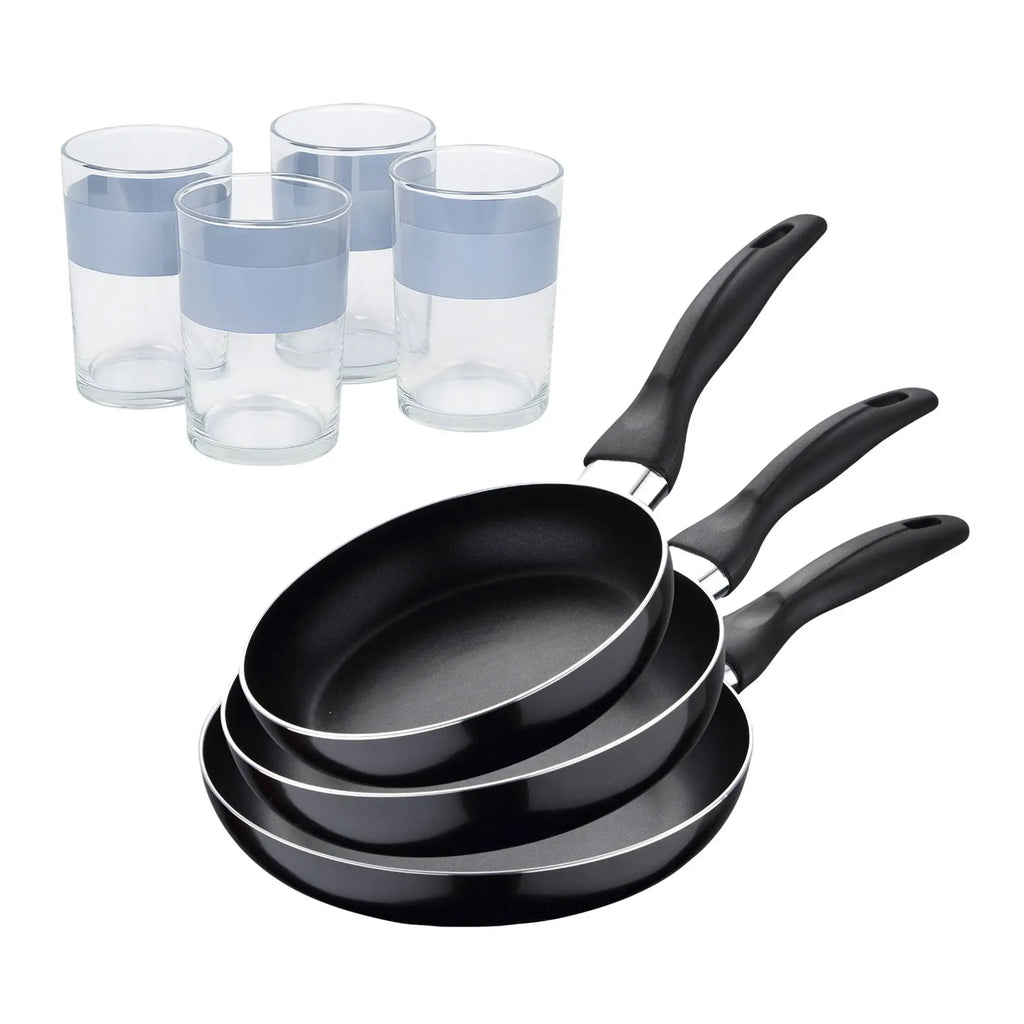 Set of 3 San Ignacio frying pans (16 20 24cm) pressed aluminum suitable for induction + Set of 4 0.5L glasses