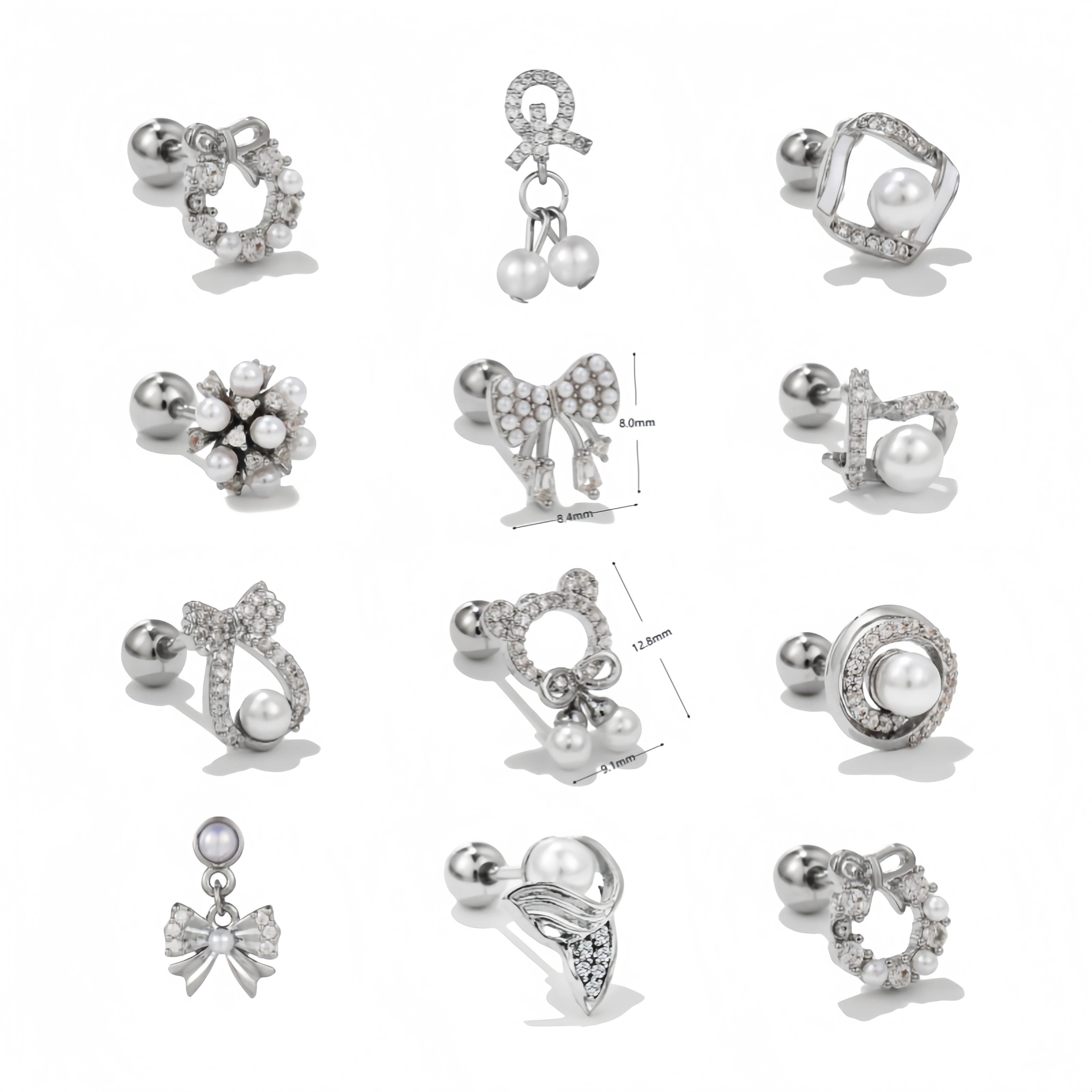 Luxury Daily Wear Silver Bowknot Piercing Earrings with 3A Zircon and Pearls Hypoallergenic Titanium Posts Body Jewelry