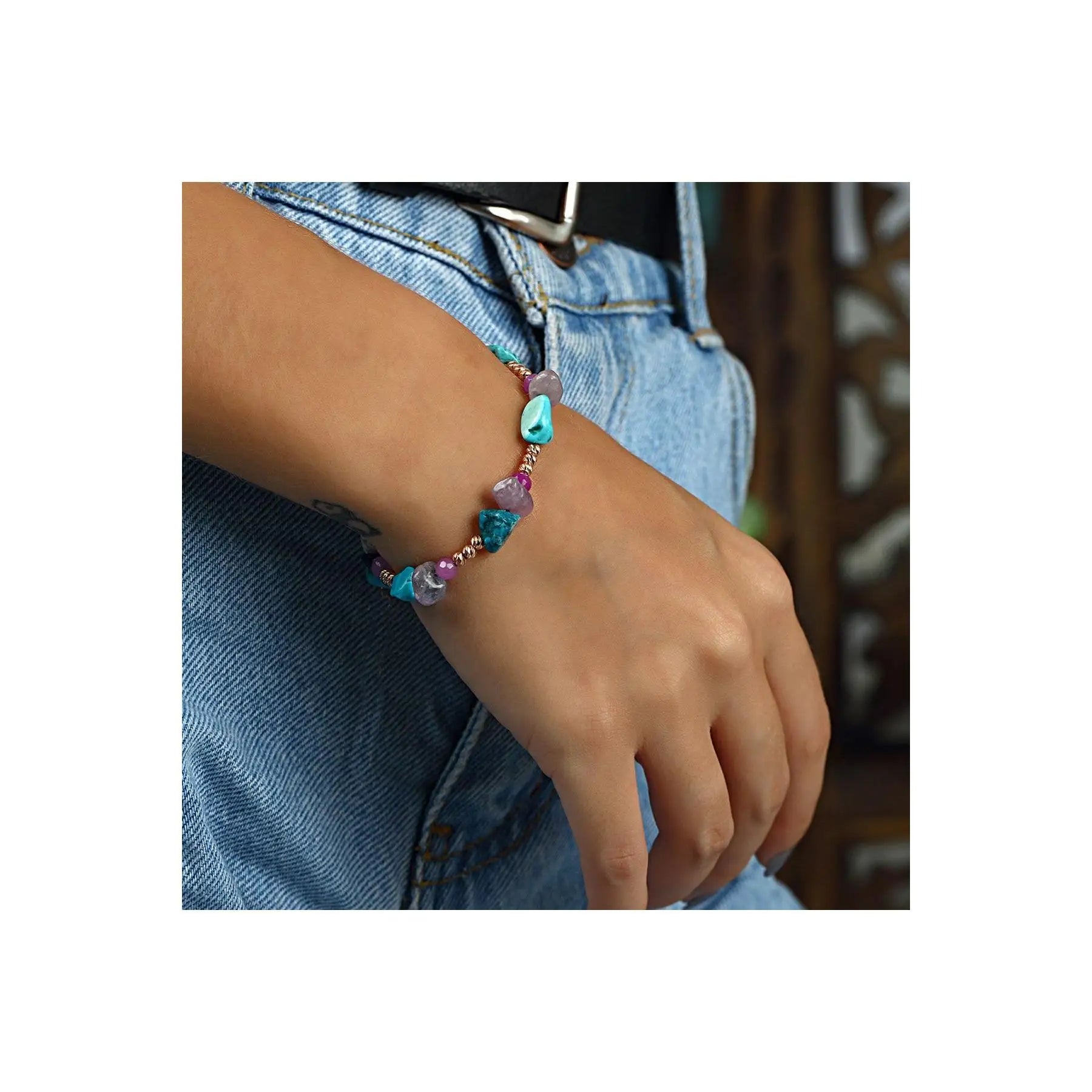 Azuris 925 Sterling Silver Beaded Bracelet with Turquoise and Amethyst Stones
