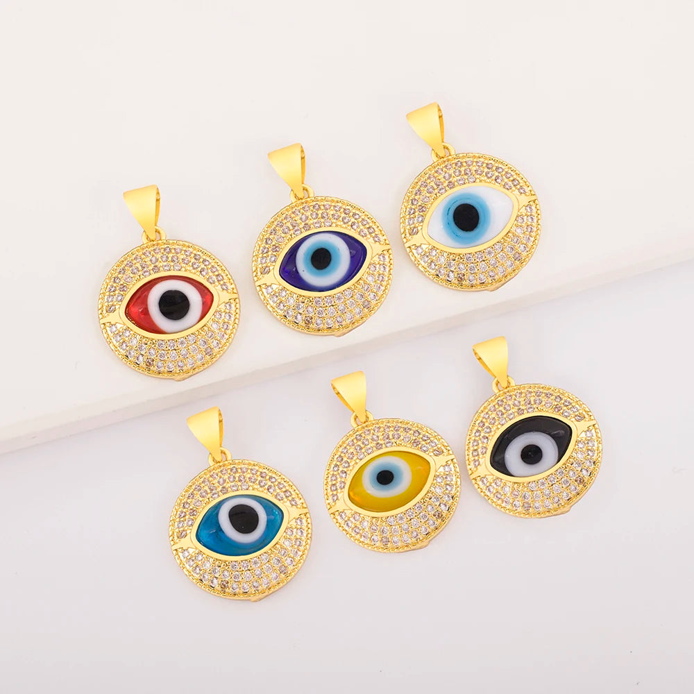 QIKU Wholesale Evils Eye Glaze Circular Small 18k Plated Tiny Zircon Vintage Best Friend Charm for Jewelry Making