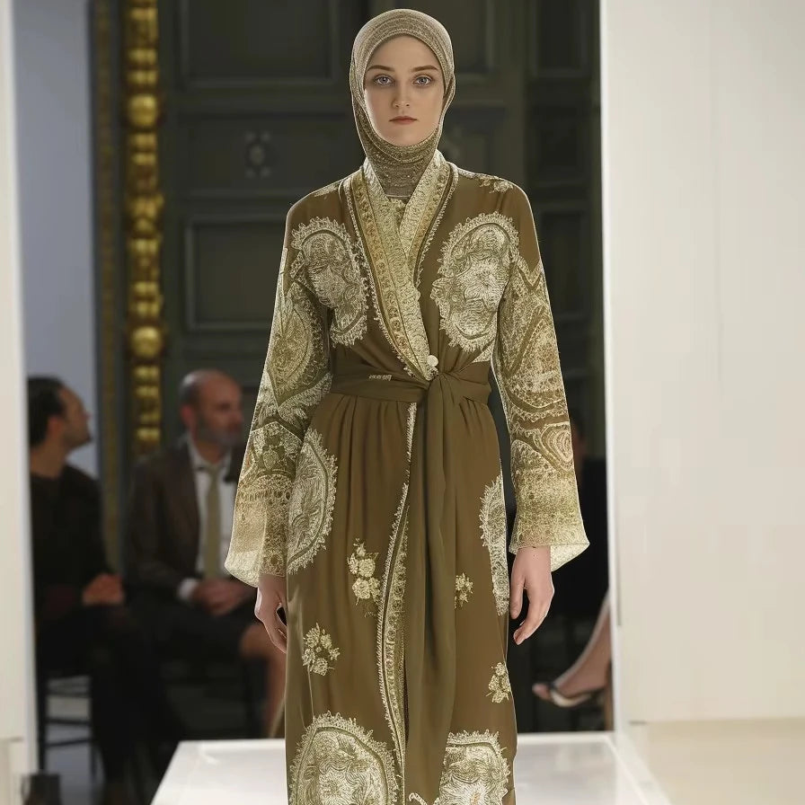 2025 Customizable Eid Cotton Linen Full-Length Printed Muslim Fashion New Season Women Islamic Clothing Turkish Quality