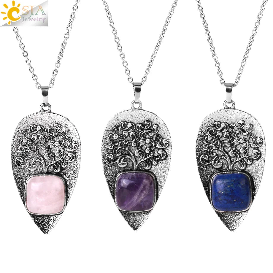 CSJA New Tree of Life Pendant Healing Natural Stone Square Beads Water Drop Crystal Necklace Jewelry Women H132