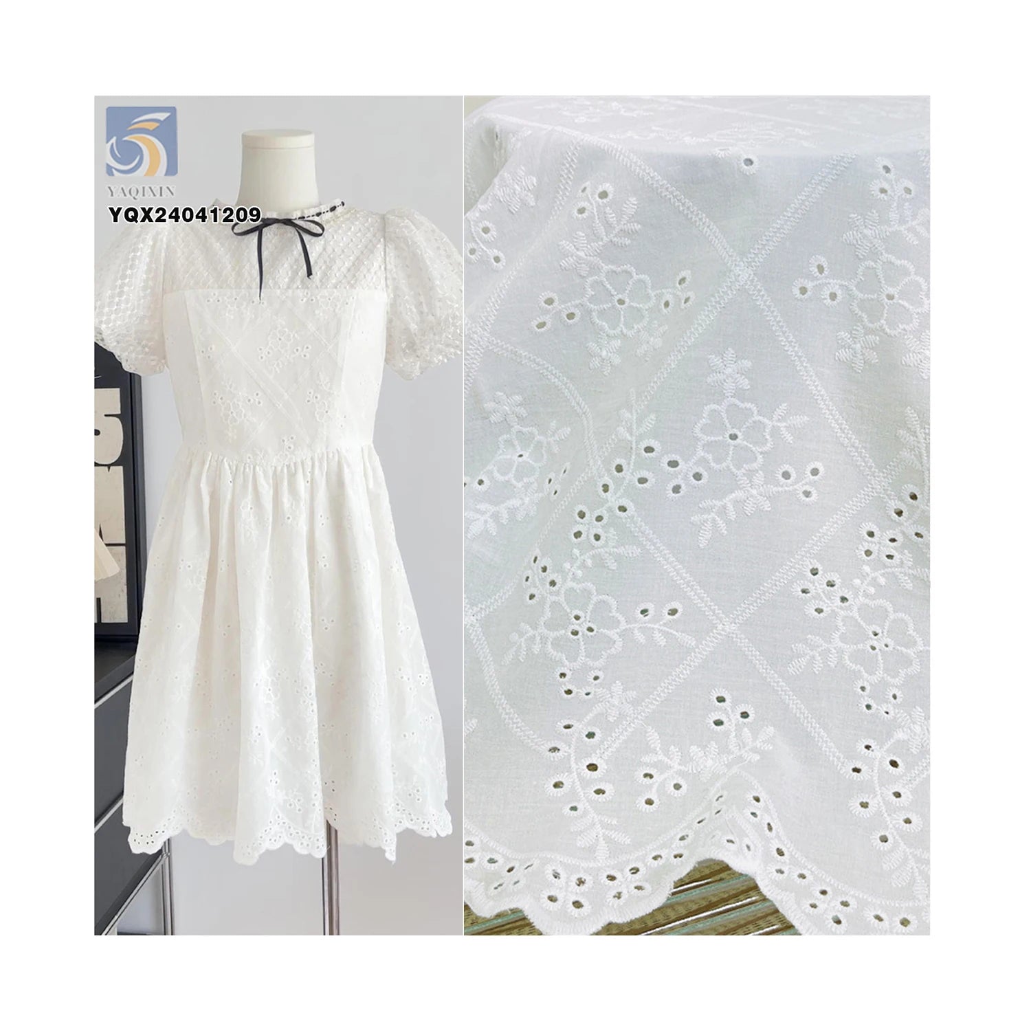 Custom Double Sided Wave Embroidery Soft Lace Swiss Lace Dress White 100%Cotton Embroidery Lace Fabric With Holes