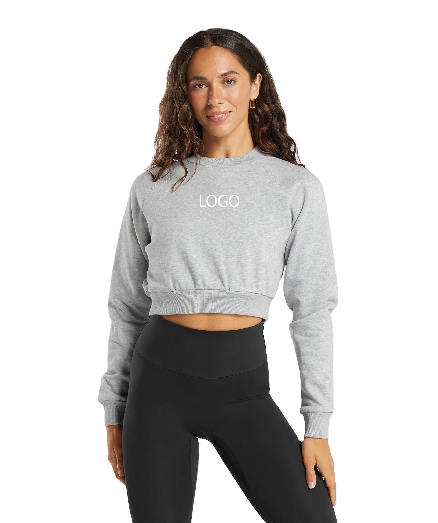 Women's Custom Logo Cropped Sweatshirt with Fleece Crewneck Pullover Raglan Sleeves Wholesale Activewear for Fitness & Lifestyle
