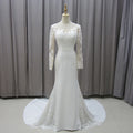 For Jancember MZ0034 Women's Elegant Satin Mermaid Wedding Dress Long Sleeve Button Modern Style Chapel Train Lace Crystal