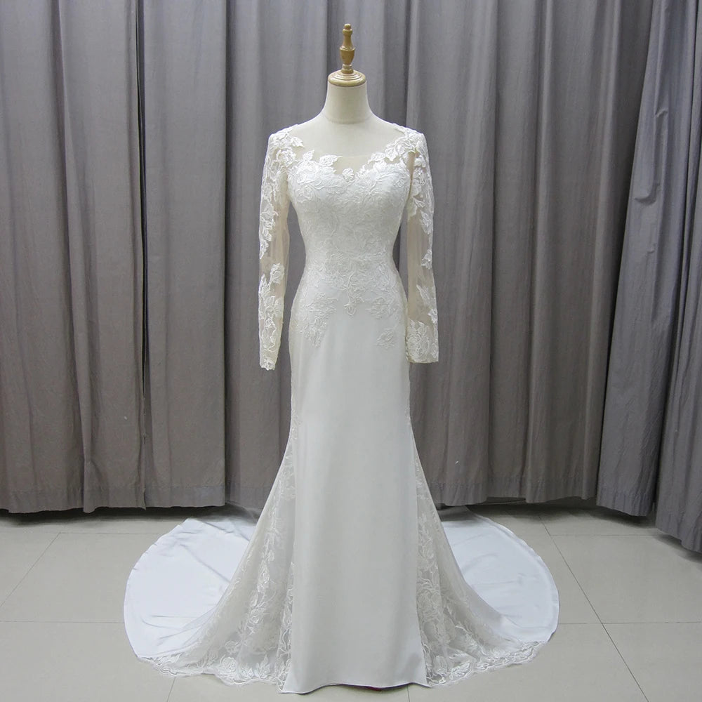 For Jancember MZ0034 Women's Elegant Satin Mermaid Wedding Dress Long Sleeve Button Modern Style Chapel Train Lace Crystal