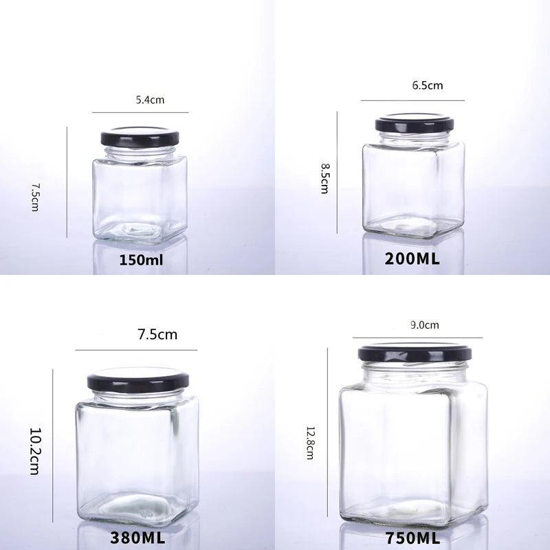 Custom Small Square Food Container 50ml 100ml 150ml 200ml 500ml 750ml Honey Square Glass Jar with Black Airtight Lids MegaBDM