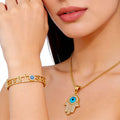 High-Quality Gold Plated Turkish Jewelry Latin Alphabet Amulet Eye Pendant Hamsa Hand Stainless Steel Necklace and Bracelet