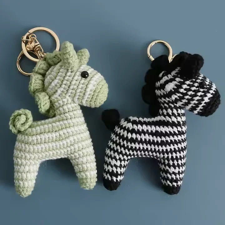 Zebra Charm Keychain Cartoon Mini Hand Knitted Toy Horse Key Chain Backpack Handbag Pendant Crochet Animals unicorn Keyring