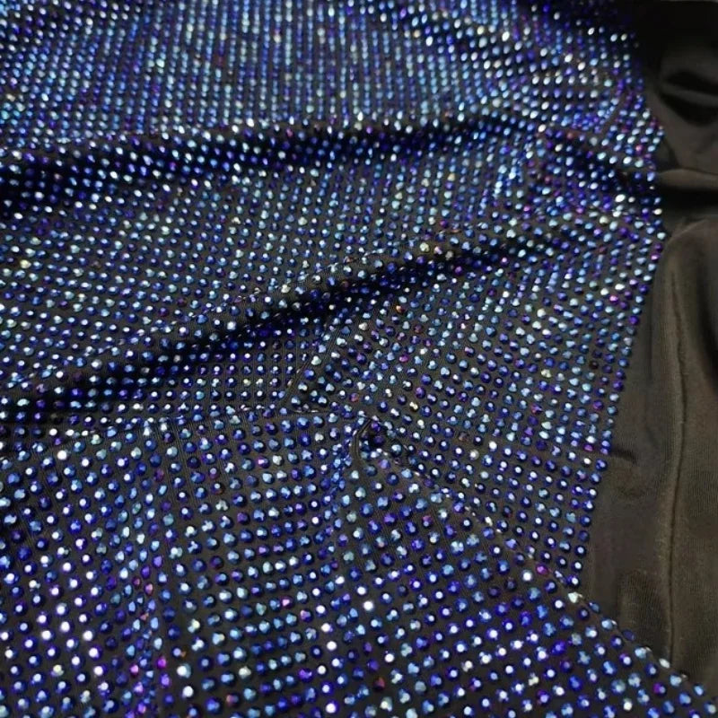 Most Close 1mm Soft Stretch Crystal Dress Fabric With Sparkling Black Rhinestone for Dress