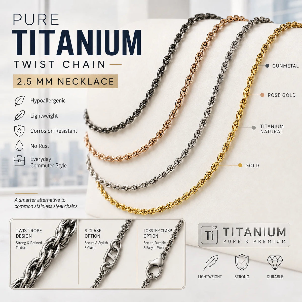Energinox Custom Logo Pure Titanium Necklace 2.5mm Twisted Rope Chain Hypoallergenic Jewelry Private Label MegaBDM