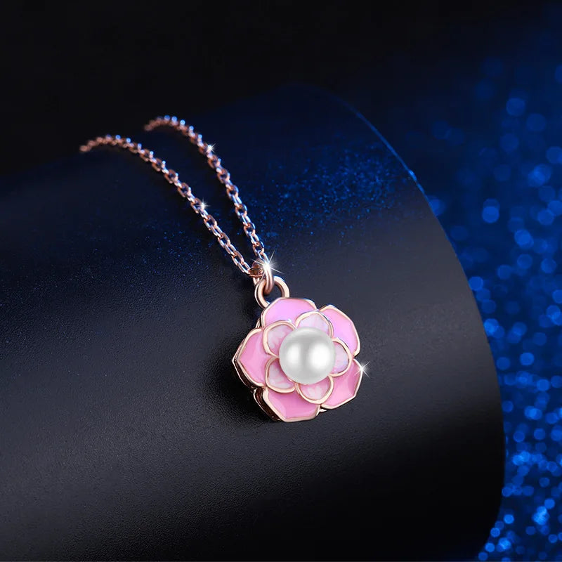 New Arrival 925 Sterling Silver Fine Jewelry Pendant Necklace Rotating Camellia Cross Chain Pearl Flower Design