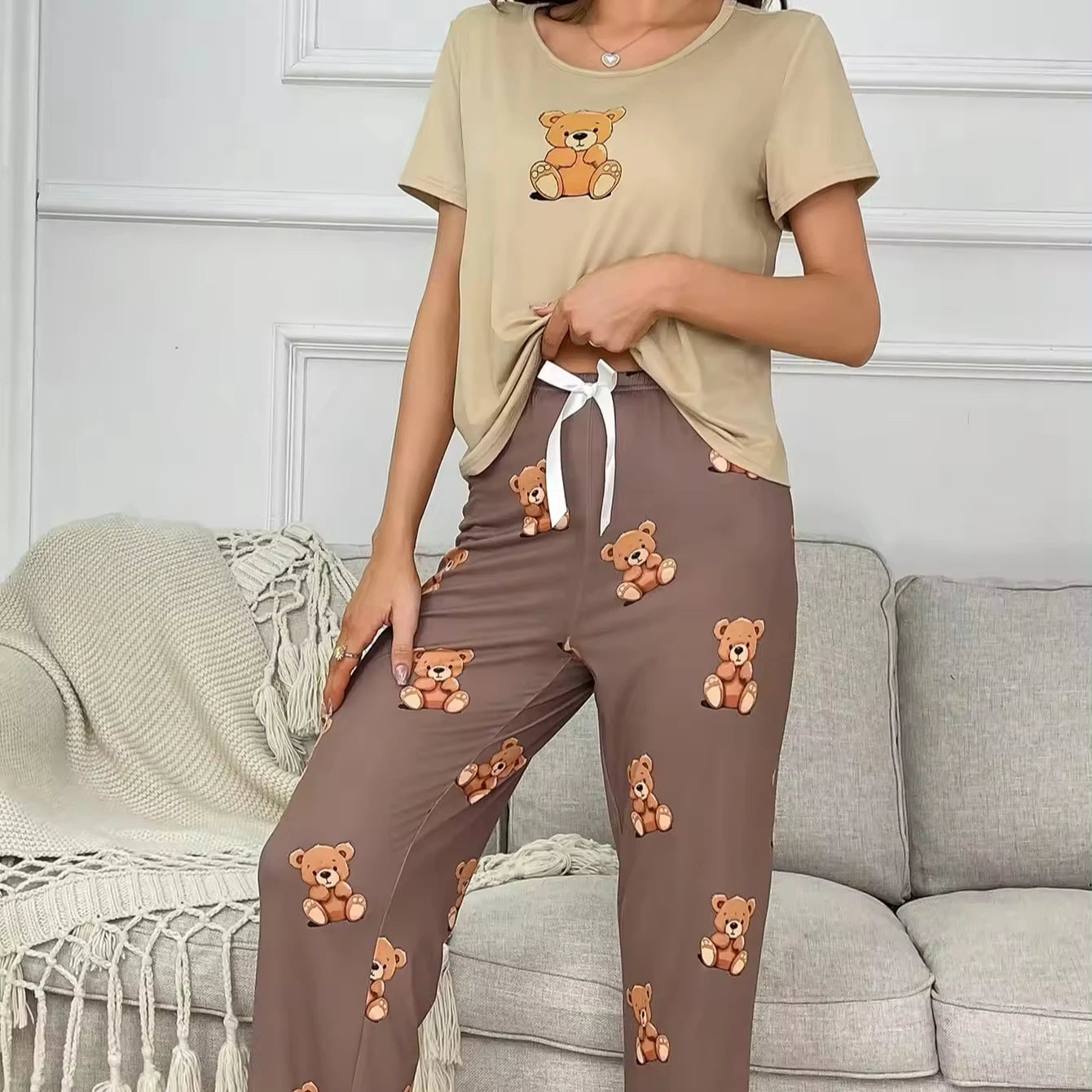 American Size Cute Bear Print Short Sleeve Pants Sets Print Pajamas Loose Sweet Cartoon Home Wear Sleepwear for Women