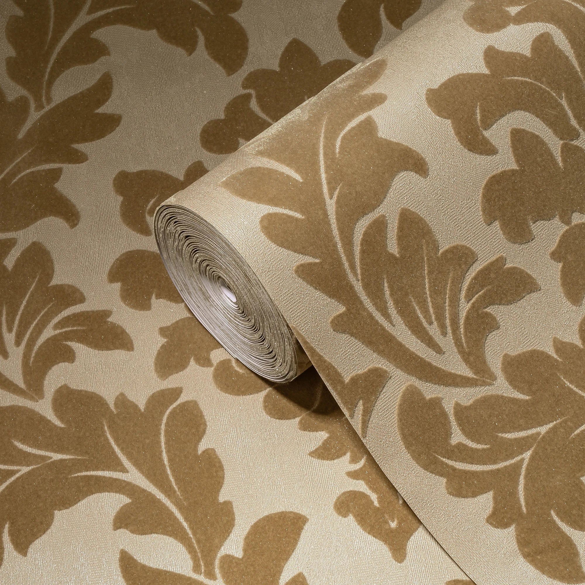 Germany Luxury Velvet Flock Damask Wallpaper Rolls Copper Yellow Non Woven Wash-Resistant Light Resistant Living Room Kitchen