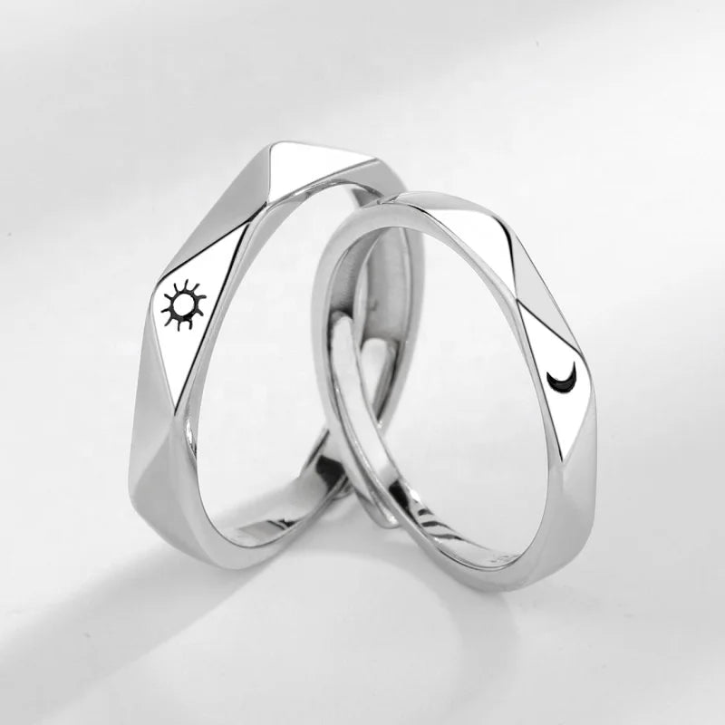 JQ43 925 Sterling Silver Jewelry Adjustable Lovers Sun Moon Ring for Girlfriend Boyfriend Sun Moon Couple Rings 2022