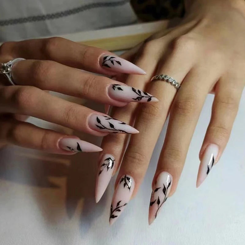 Temooi 24Pcs Wholesale ABS Willow Pattern Long Ballerina Finger Nails French Design 3D False Press-On Nails with Nail Glue