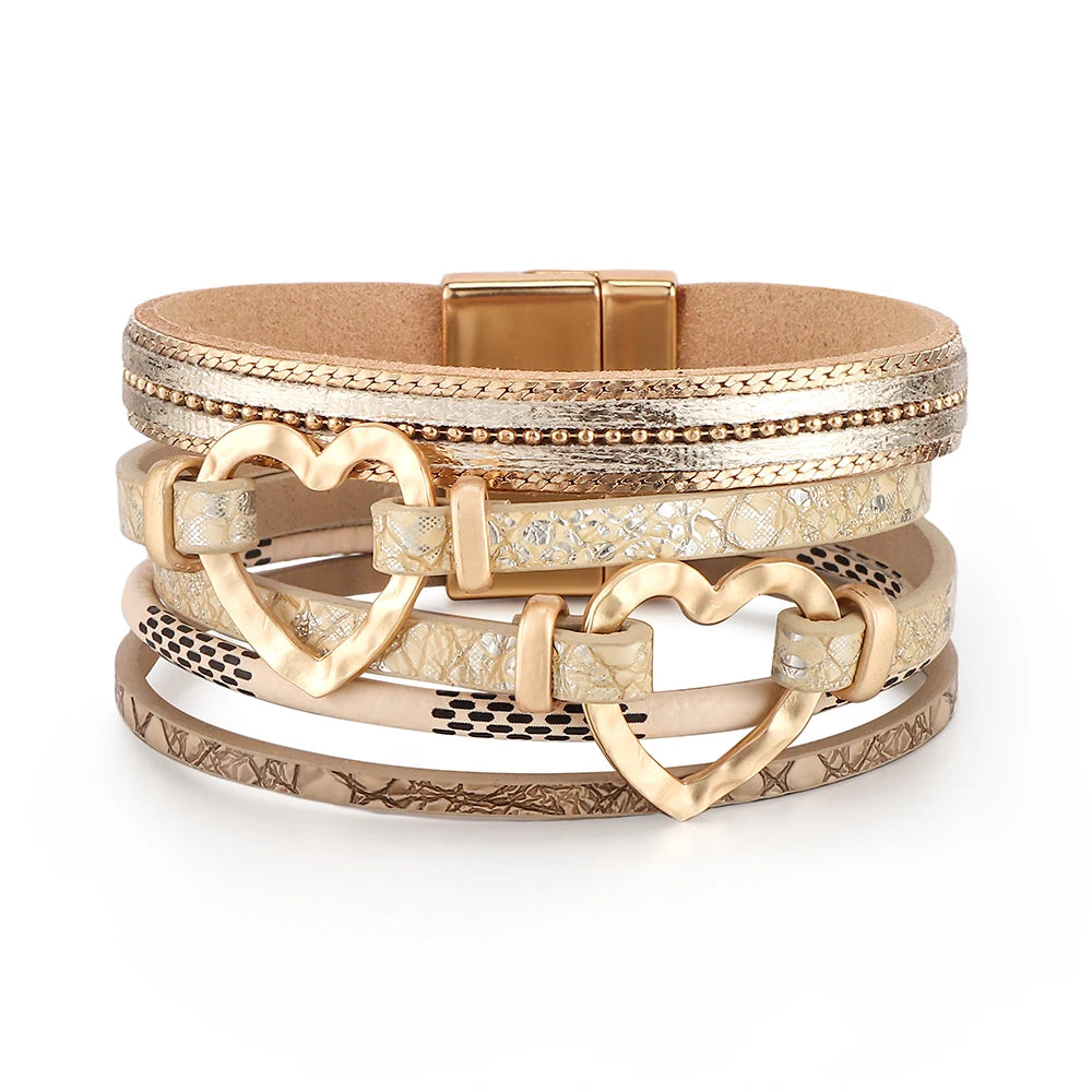 2025 New Hot Selling Hand-Woven Leather Bracelet With Alloy Magnetic Buckle Bohemian Multi-Layer PU Bracelet for Women