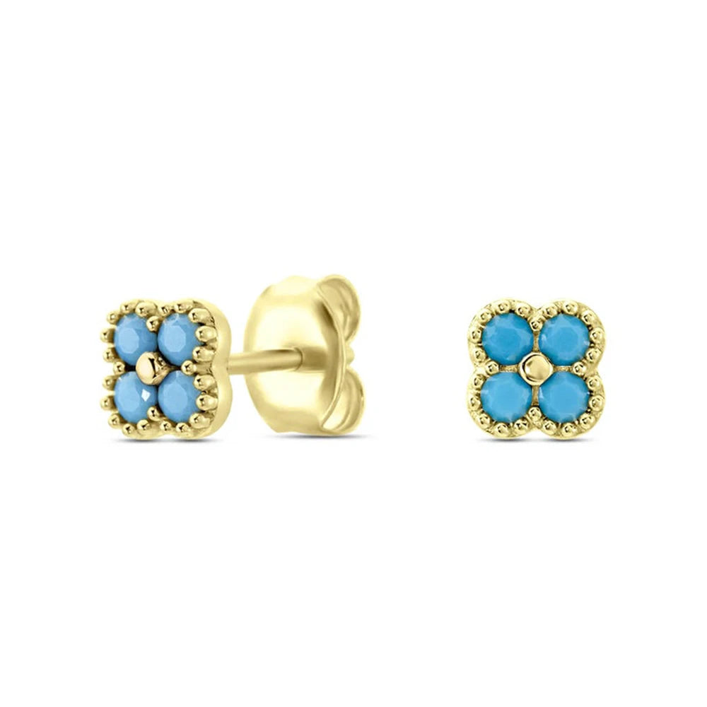 CANNER S925 Simple Sterling Silver Petal Four-Leaf Flower 5a Zircon Turquoise Stud Earrings 18k Gold-Plated Girl Jewelry