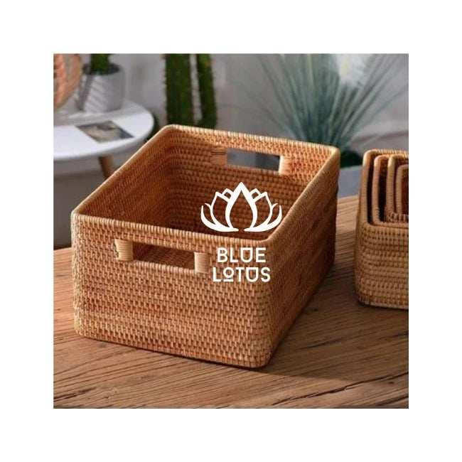 Available Hand Woven Eco-Friendly Durable Rattan Basket Blue Lotus for Storage Table Serving Modern Design Superior