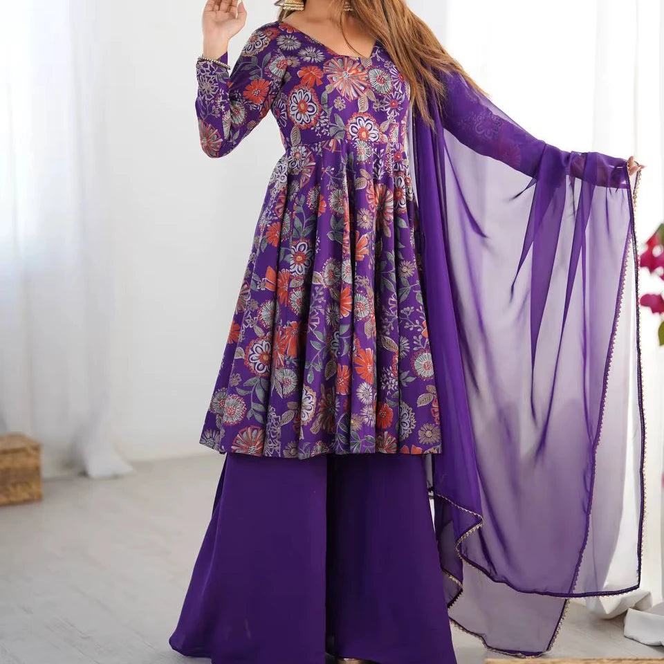 NEW PURE SOFT ROMANSILK CHANDERI DISCHARGE PRINT FABRIC FULLY FLAIR KEDIYA STYLE KURTAWITH DUPPTA SETPALAZZO READY TO WEAR