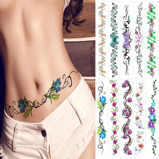 Sexy Flower Navel Tattoo Stickers 12 Sheets Waterproof Temporary Tattoos Runzio Brand CE Certified Women Girls Full Body